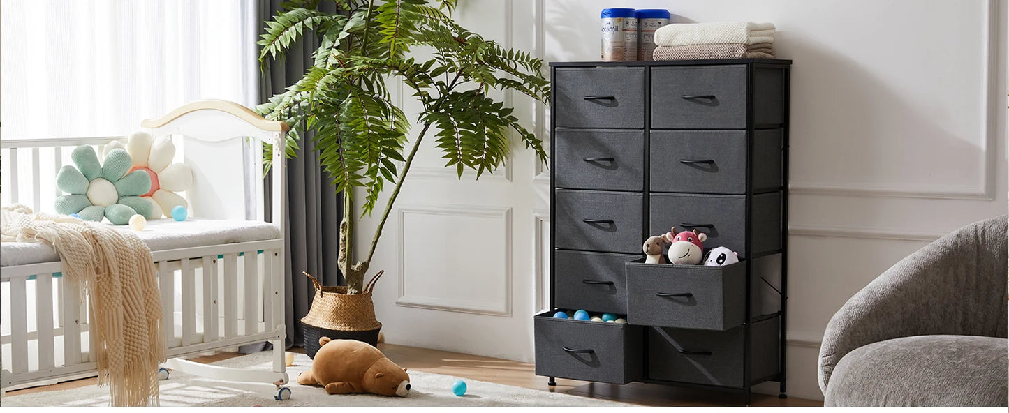 JHK 10 Fabric Drawers Nightstand Storage Cabinet With Steel Frame Clothes Storage