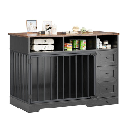 Farmhouse Wooden Dog Crate Furniture With 6 Storage Drawers Feeding Station Heavy Duty Dog Kennel End Table