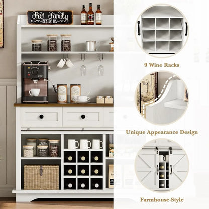 Farmhouse Coffee Bar Cabinet with Sliding Barn Door, 63 Inch Kitchen Hutch with 3 Drawers & Wine Racks for Living Dining Room