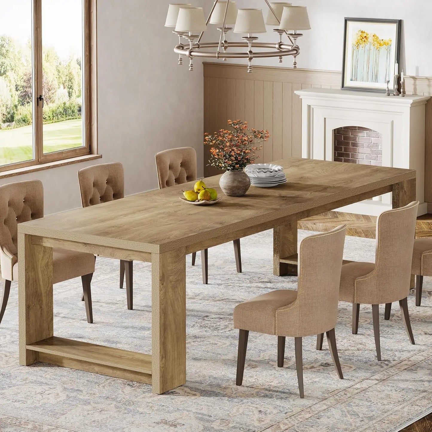 86.61-Inch Dining Table for 6 People, Modern Narrow Long Kitchen Table with Pedestal Base, Farmhouse Extra Long, Customized