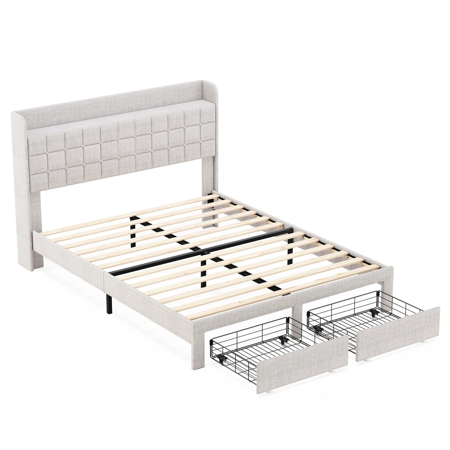 Wood Bed Frame with 2 Storage Drawers Fabric Headboard Upholstered Platform Bed Frame Wooden Slats