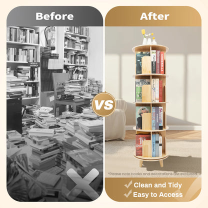 4 Tier Rotating Bookshelf with Legs,Floor Standing Stackable Wood Round Bookshelf 360 Display Book Shelf for Living Room Bedroom