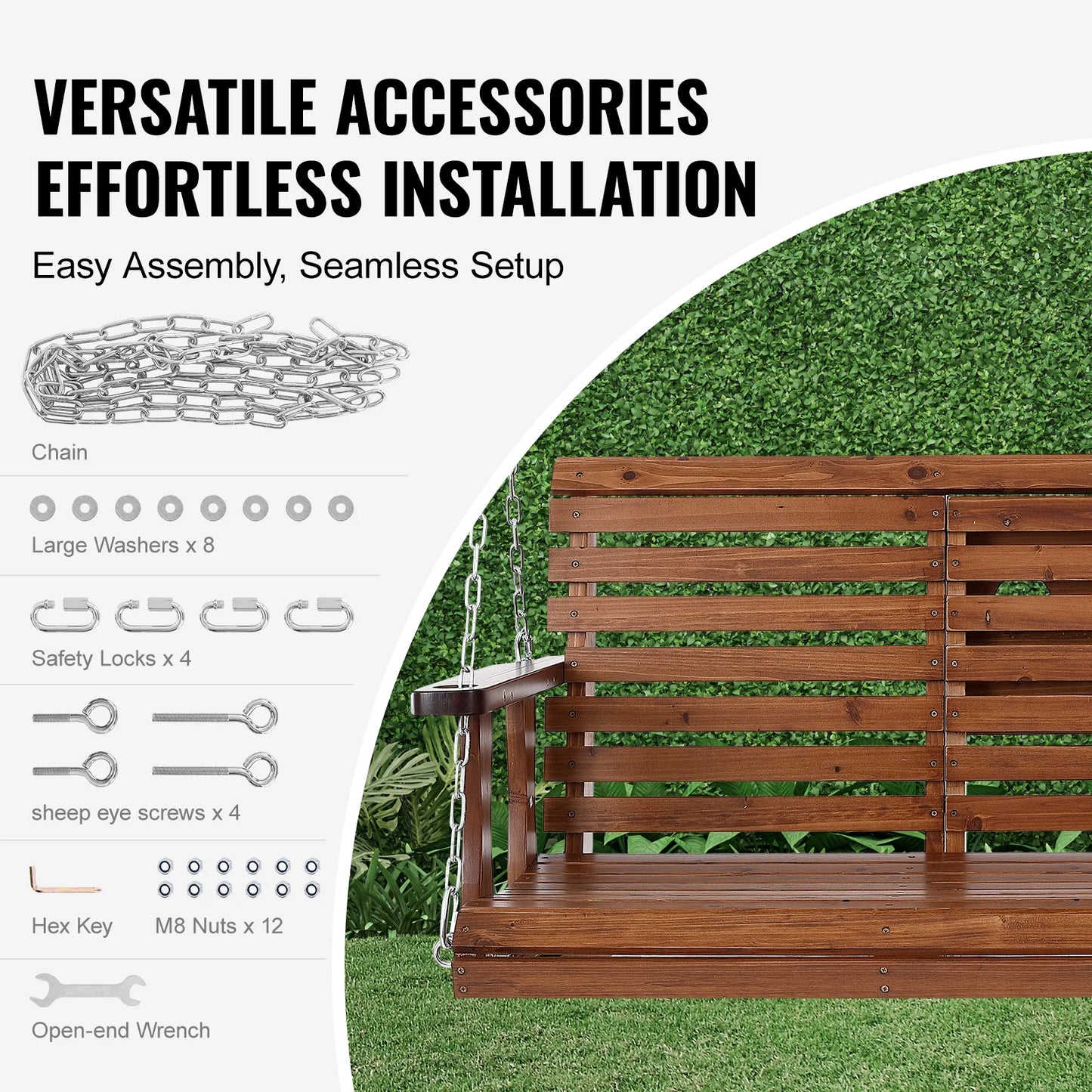 Wooden Porch Swing 5 ft Patio bench swing for Courtyard Garden Upgraded 880 lbs Strong Load Capacity Swing Chair Bench
