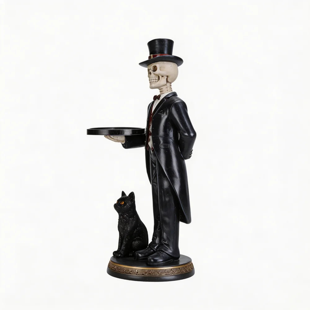 Halloween Skeleton Butler Floor Statue with Serving Tray and Black Cat for Home Entryway