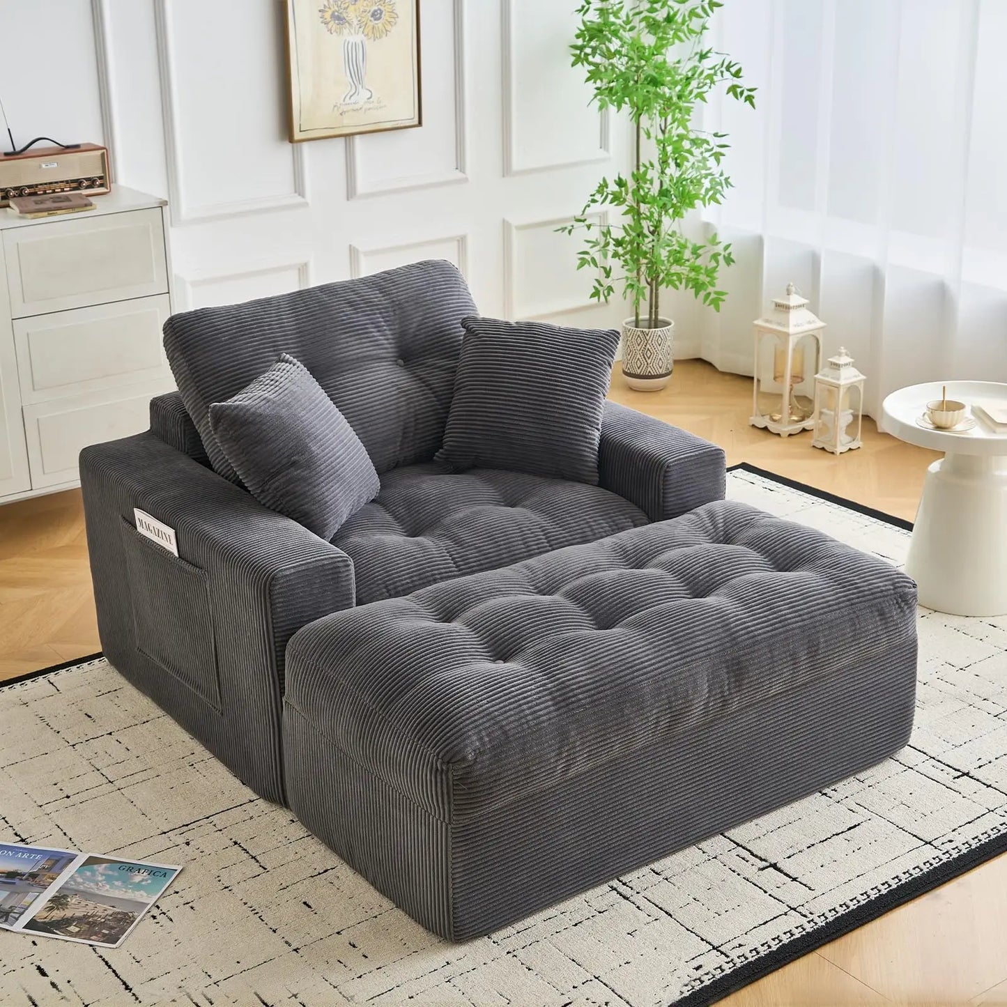 Cloud Chaise Lounge Indoor with Ottoman, Oversized Corduroy Sleeper Sofa Chair, Deep Seat Reading Couch, 2 Pillows