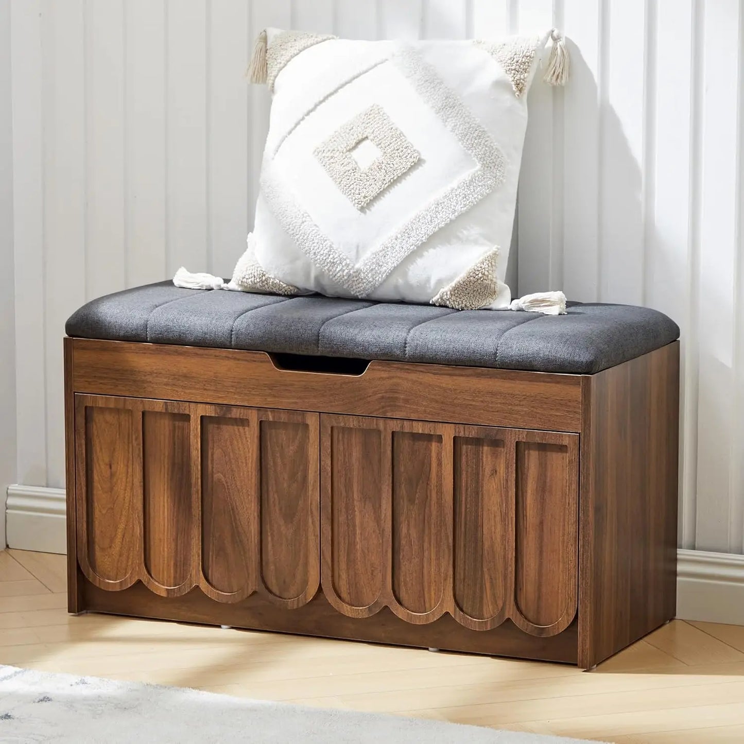 Shoe Storage Bench with Cushion, Entryway Shoe Cabinet Bench with 2 Scalloped Doors & Adjustable Shelf, Customized