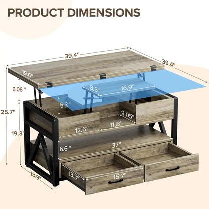 40" Lift Top Coffee Table,4 in 1 Multi-Function Lift Coffee Tables with Storage Drawers and Hidden, Customized