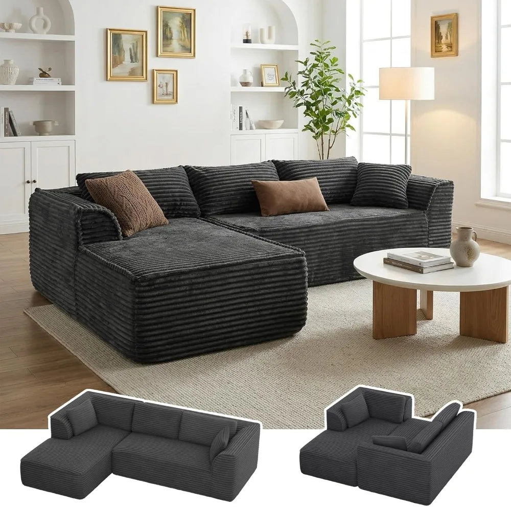 Boneless Couch with Chaise, Deep Seat Comfy Cloud Modular Sofa Corduroy Memory Foam Sectional Couches