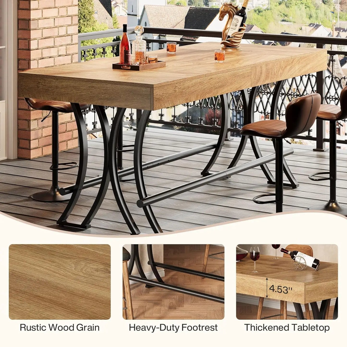 Counter Height Bar Table with Metal Footrest, Rectangular Tall Kitchen Dining Pub Table, Industrial Home Bar, Customized