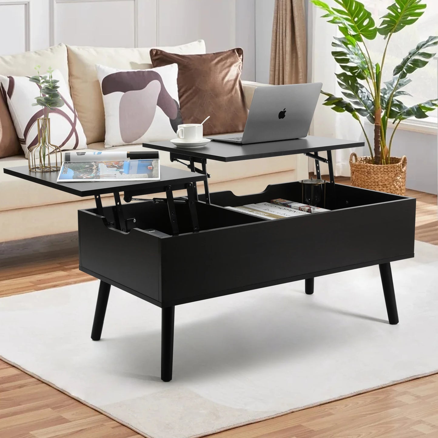 Lift Top Coffee Table with Separate and Hidden Storage Compartment, Double Lift Table Top for Home Living Room