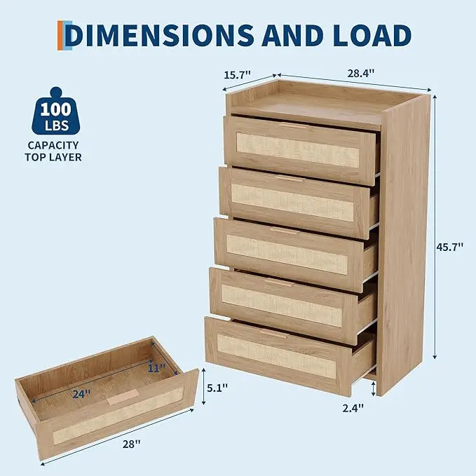 Rattan Dresser with 5 Drawers, Wooden Chest of Dresser for Bedroom, Boho Night Stand Storage for Living Room, Hallway, Closet
