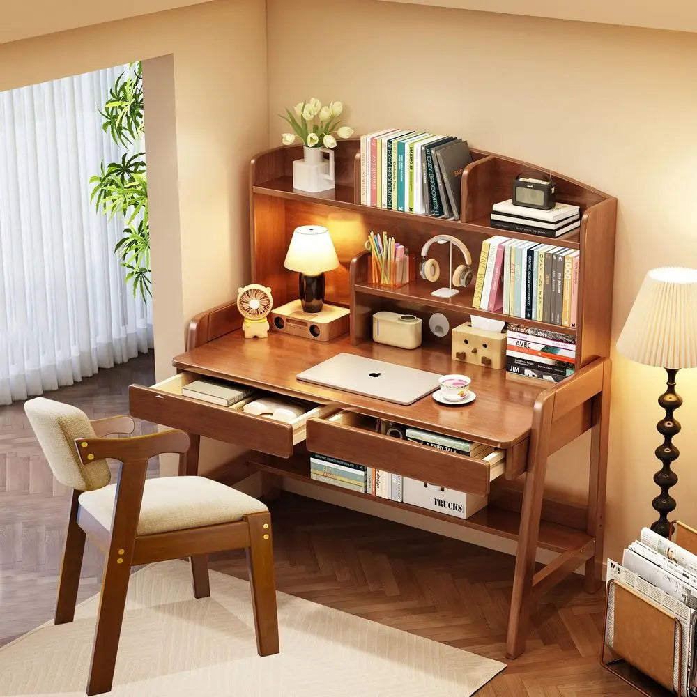 Desk and Chair Set Wooden Children's Learning Table and Chair with Hutch and Two Drawers