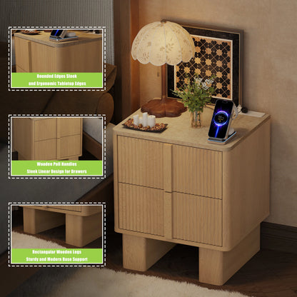 Fluted Nightstands w/ Charging, 2-Drawer End Tables w/ Reinforced Legs, Whitewashed Oak for Bedroom