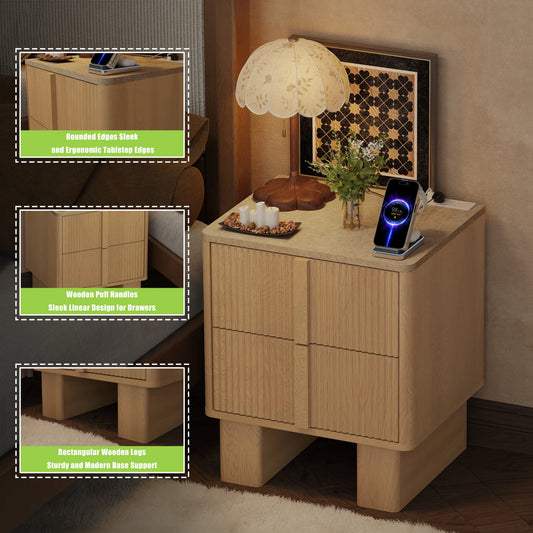 Fluted Nightstands w/ Charging, 2-Drawer End Tables w/ Reinforced Legs, Whitewashed Oak for Bedroom