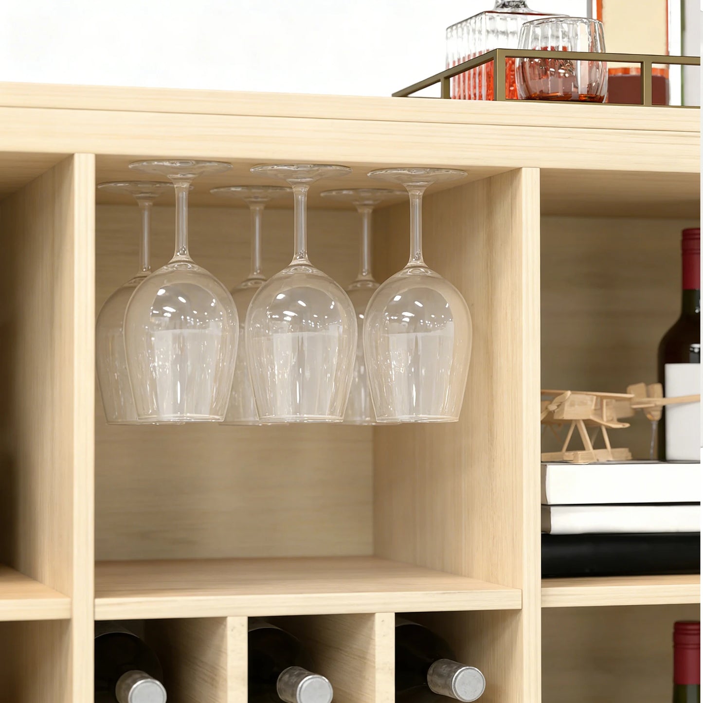Wine Bar Cabinet with 2 Doors MDF Buffet Storage Liquor Cabinet with Wine Rack Glass Holder for Living Dining Room Kitchen
