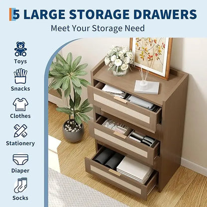Rattan Dresser with 5 Drawers, Wooden Chest of Dresser for Bedroom, Boho Night Stand Storage for Living Room, Hallway, Closet