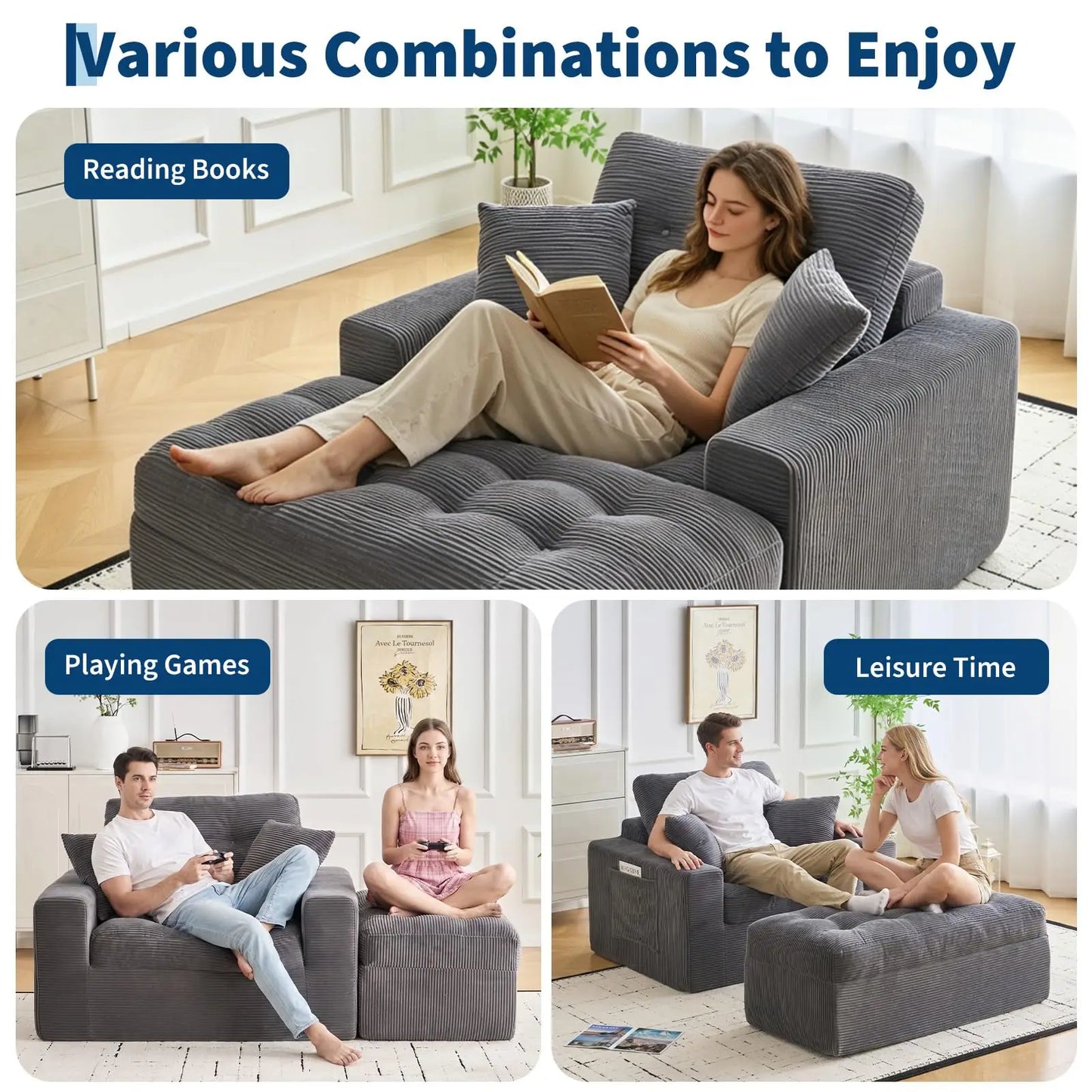 Cloud Chaise Lounge Indoor with Ottoman, Oversized Corduroy Sleeper Sofa Chair, Deep Seat Reading Couch, 2 Pillows