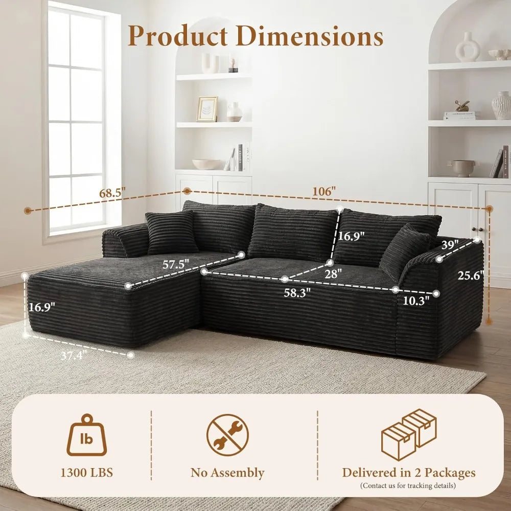 Boneless Couch with Chaise, Deep Seat Comfy Cloud Modular Sofa Corduroy Memory Foam Sectional Couches