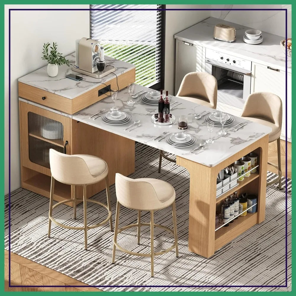 Kitchen Island Extendable Dining Table w/ Charging Station, Dual Storage, Mobile Prep Station, Natural