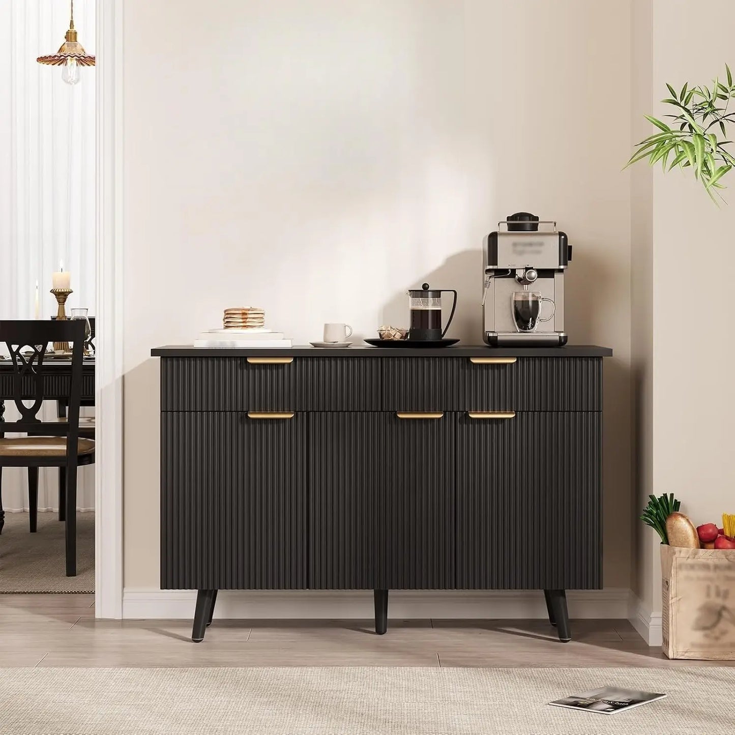 Modern Farmhouse Buffet Cabinet with Fluted Design Kitchen Storage Sideboard & Coffee Bar Cabinet for Living Room Hallway