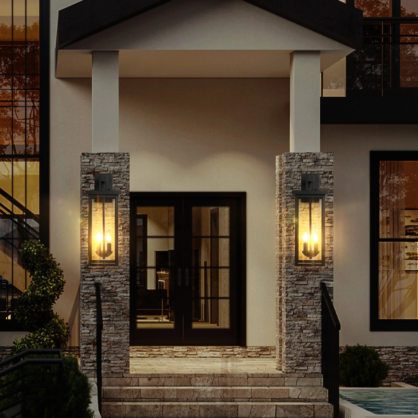 Outdoor Wall Lantern with Dusk to Dawn Sensor Matte Black Finish Clear Glass Panels Weatherproof Exterior Light