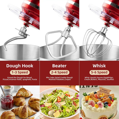 6.5 QT Electric Stand Mixer, 3-IN-1 Food Mixer with Dough Hook, Beater, Whisk, Bowl for Most Home Kitchen Cooks