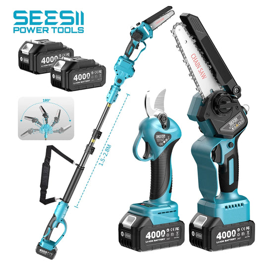 Seesii 3-in-1 Brushless Cordless 30mm Electric scissors 6'' Brushless Electric Chainsaw w/2.4m Extension Telescopic Rod Tool
