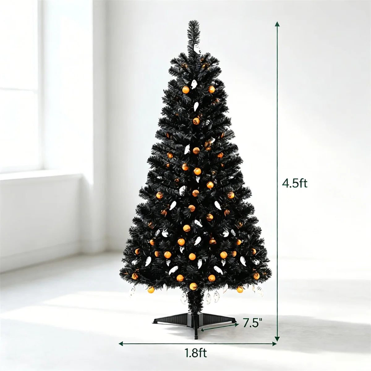 Black Halloween Tree with 65 Ghost Cold White Lights & 65 Pumpkin Orange Lights