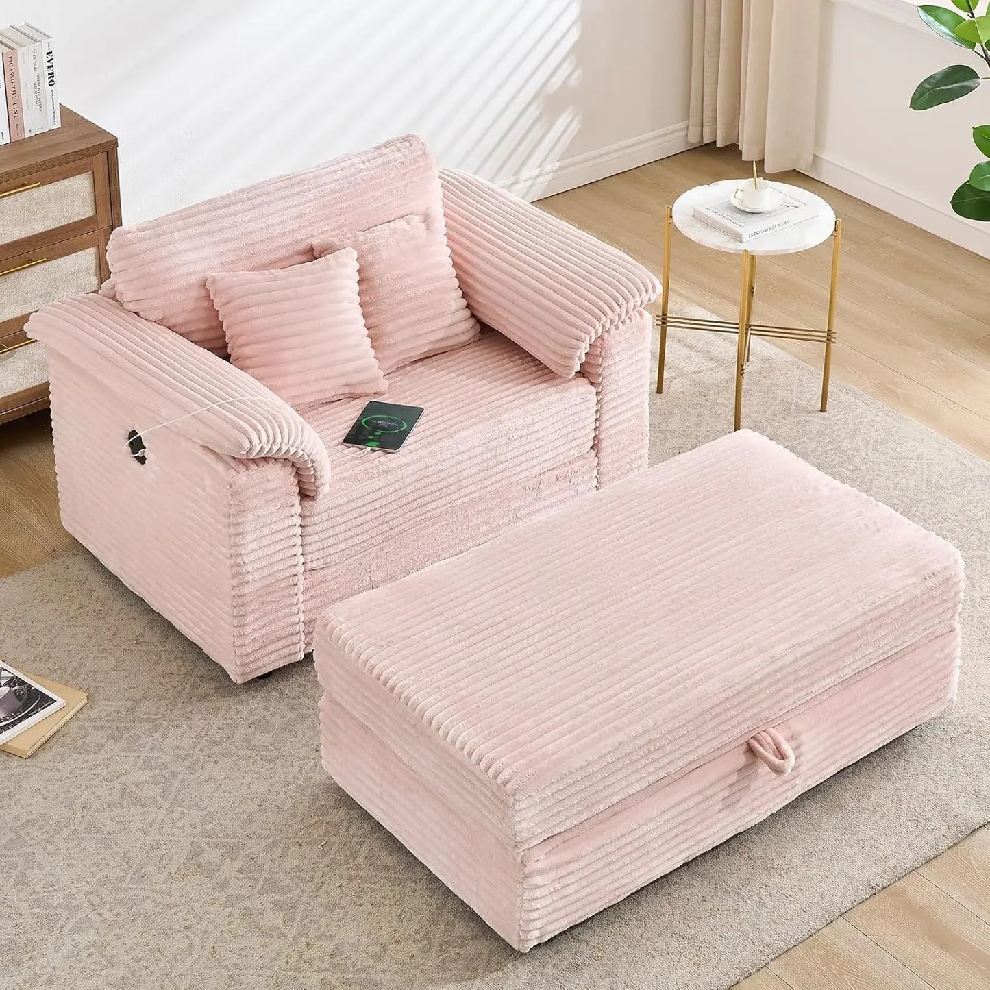 Oversized Chaise Lounge Chair Couch Indoor - Deep Seat Sofa Bed, Corduroy Sleeper Cloud with USB Charging, Customized