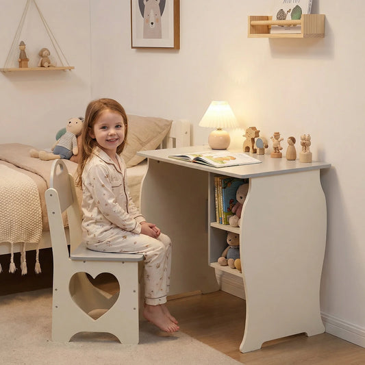 Kids Desk and Chair Set Multifunctional White and Grey Toddler Student Writing Table Set for Home School