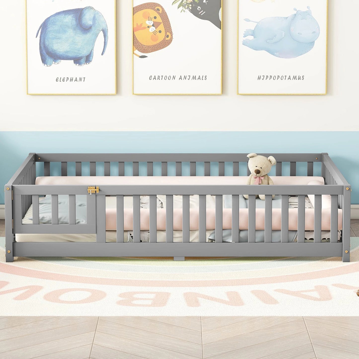 Toddler Floor Bed Frame with Safety Guardrails Doors Wood Slat Support Bed Detachable Platform Bed for Kids Bedroom Nursery