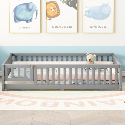 Toddler Floor Bed Frame with Safety Guardrails Doors Wood Slat Support Bed Detachable Platform Bed for Kids Bedroom Nursery