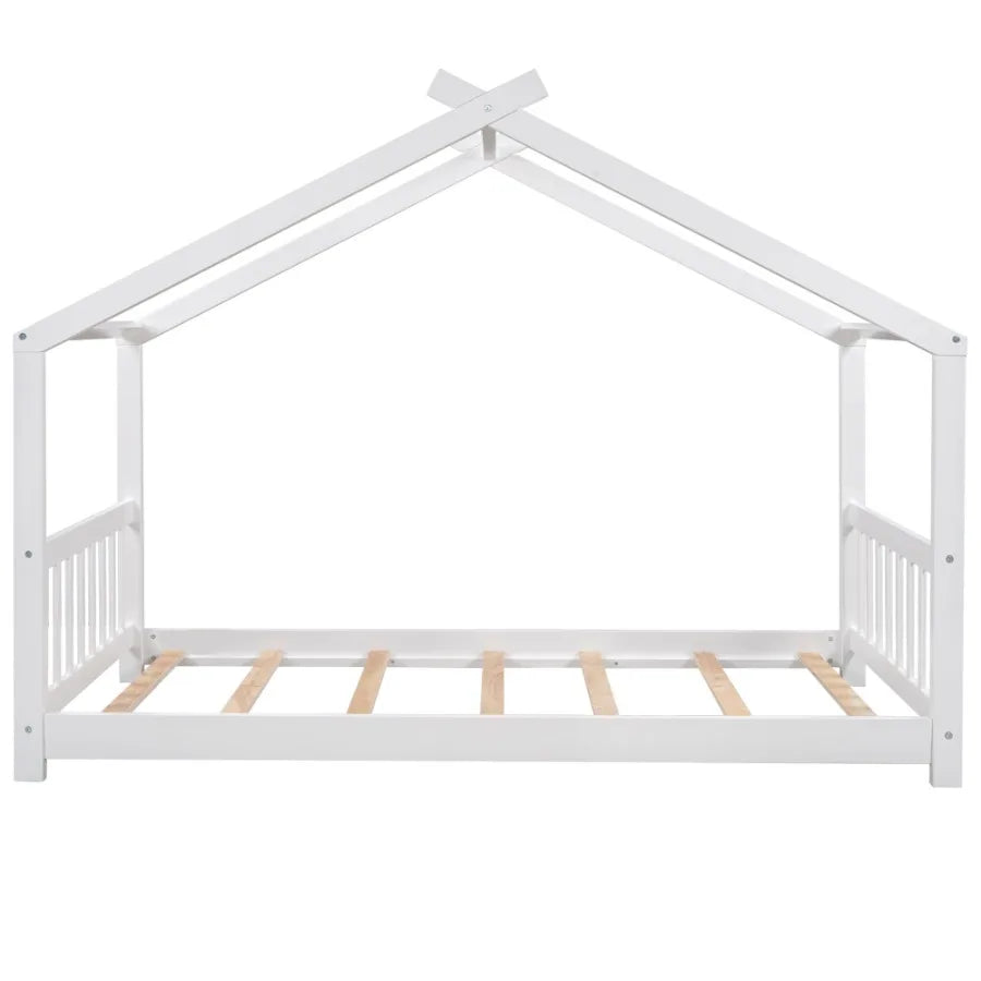 Platform Bed with board and Footboard Roof Design White