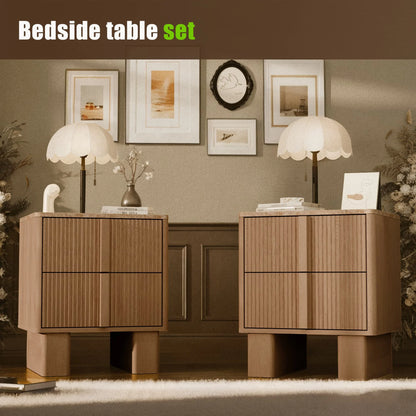 Fluted Nightstands w/ Charging, 2-Drawer End Tables w/ Reinforced Legs, Whitewashed Oak for Bedroom