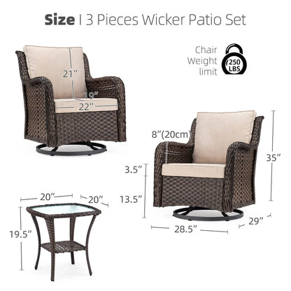 3-Piece Wicker Swivel Rocker Patio Set, 360° Swivel Rocking Chairs With Tempered Glass Side Table, Outdoor Bistro Furniture