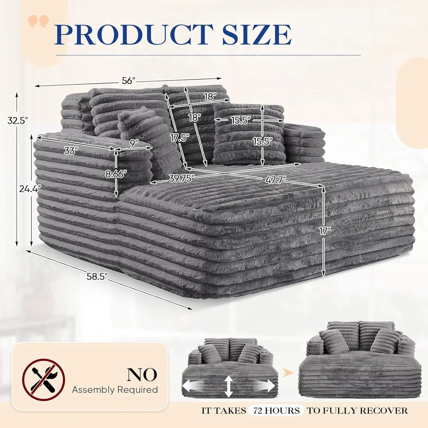 Oversized Chaise Lounge Indoor, Modern Plush Corduroy Fabric Deep Seat Boneless Memory Foam Sleeper Chaise Lounge, Customized