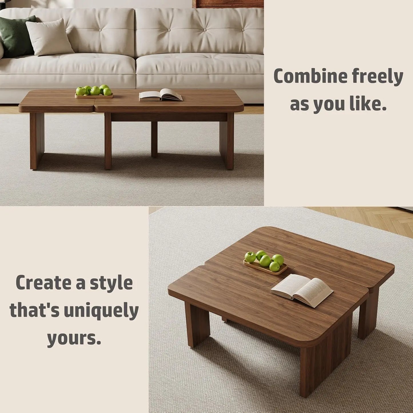 Mid-Century Nesting Coffee Table Set, 2 Adjustable Square Wood Tables, Minimalist Tea Table, Brown