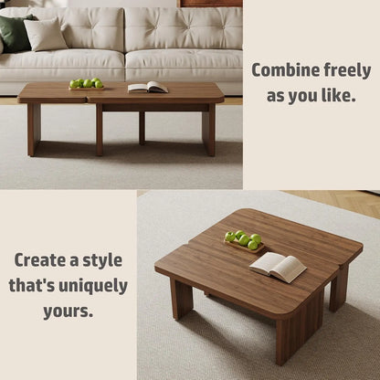 Mid-Century Nesting Coffee Table Set, 2 Adjustable Square Wood Tables, Minimalist Tea Table, Brown