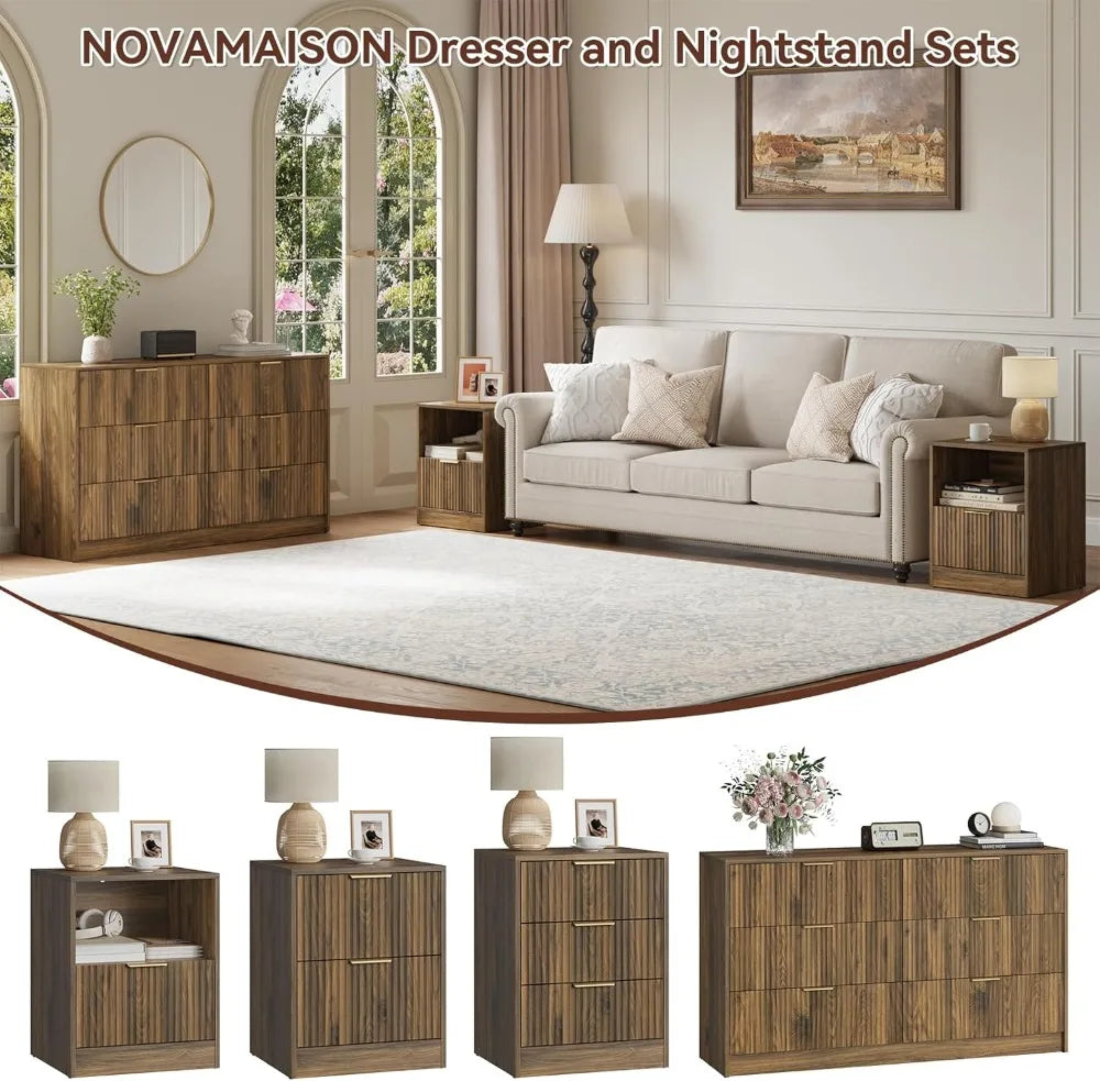 3-Piece Bedroom Set: 55" Dresser + 2 Nightstands, 8 Drawers, Walnut