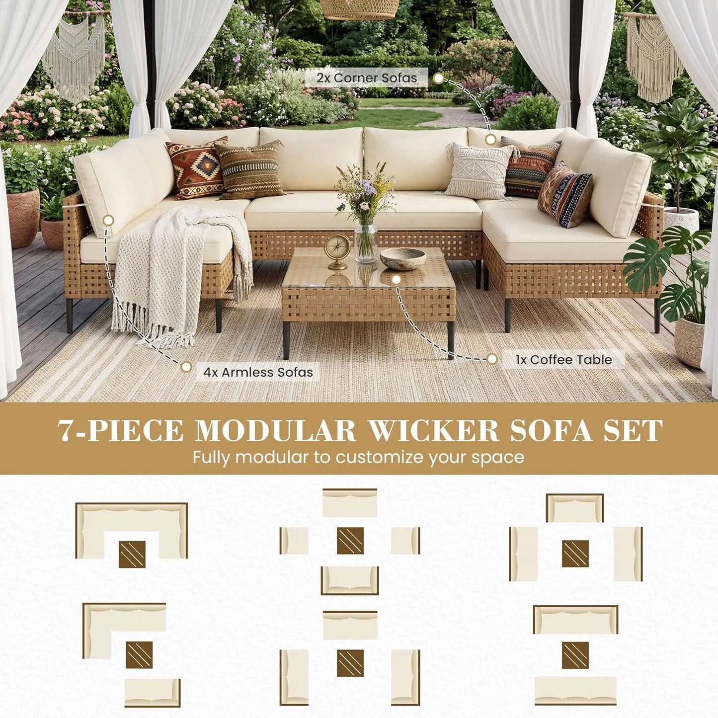Wicker Patio Furniture Set, 7-Piece Modular Outdoor Furniture Set, High-Leg Design Sectional Patio Sofa