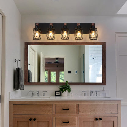 32 Inch 5-Light Vintage Mirror Sconce Black Cage Wall Sconce with Wooden Accents