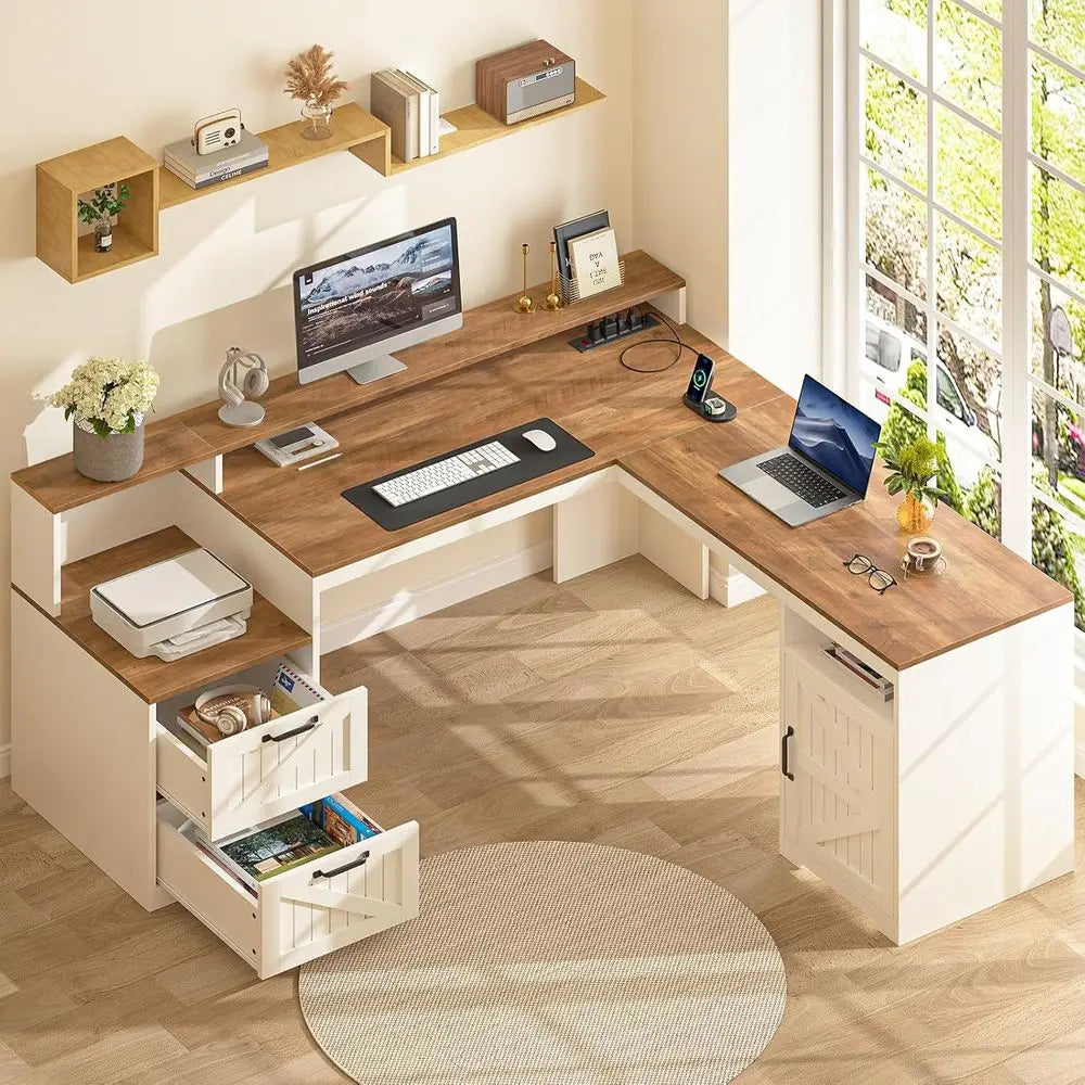 L Shaped Executive Desk with Ders & Storage Shel, Computer Desk with Power Outlets, L Shaped Oice Desk with Monitor