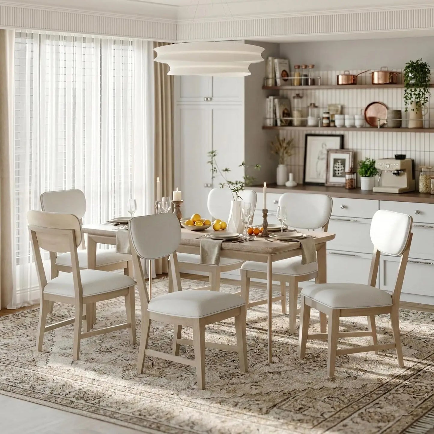 Solid Wood Dining Chairs Set of 6, Mid Century Modern Upholstered Kitchen Chairs with 3.3" Thick Cushion, Farmhouse