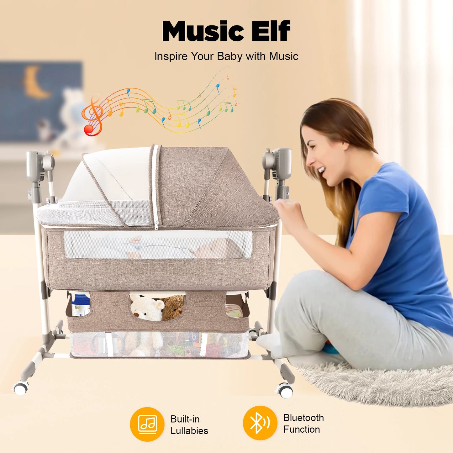 Portable Baby Bed Height Adjustable Bedside Sleeper Music Play