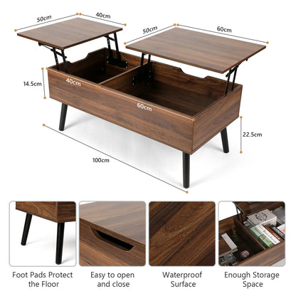 Lift Top Coffee Table with Separate and Hidden Storage Compartment, Double Lift Table Top for Home Living Room