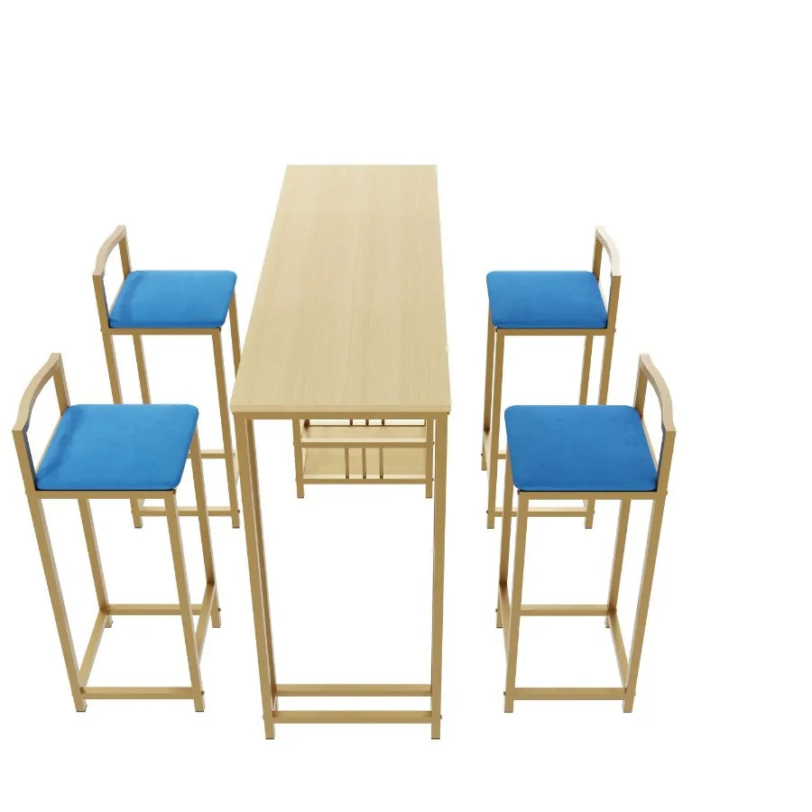 Bar table and chair five piece set gold frame multilayer tabletop chair cushion and backrest made of sponge table with storage
