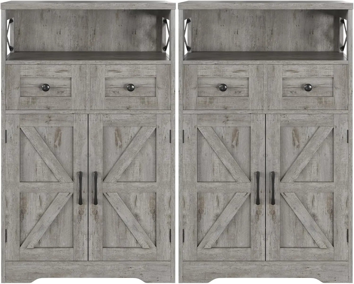 Set of 2 Storage Cabinet w Barn Door Drawer