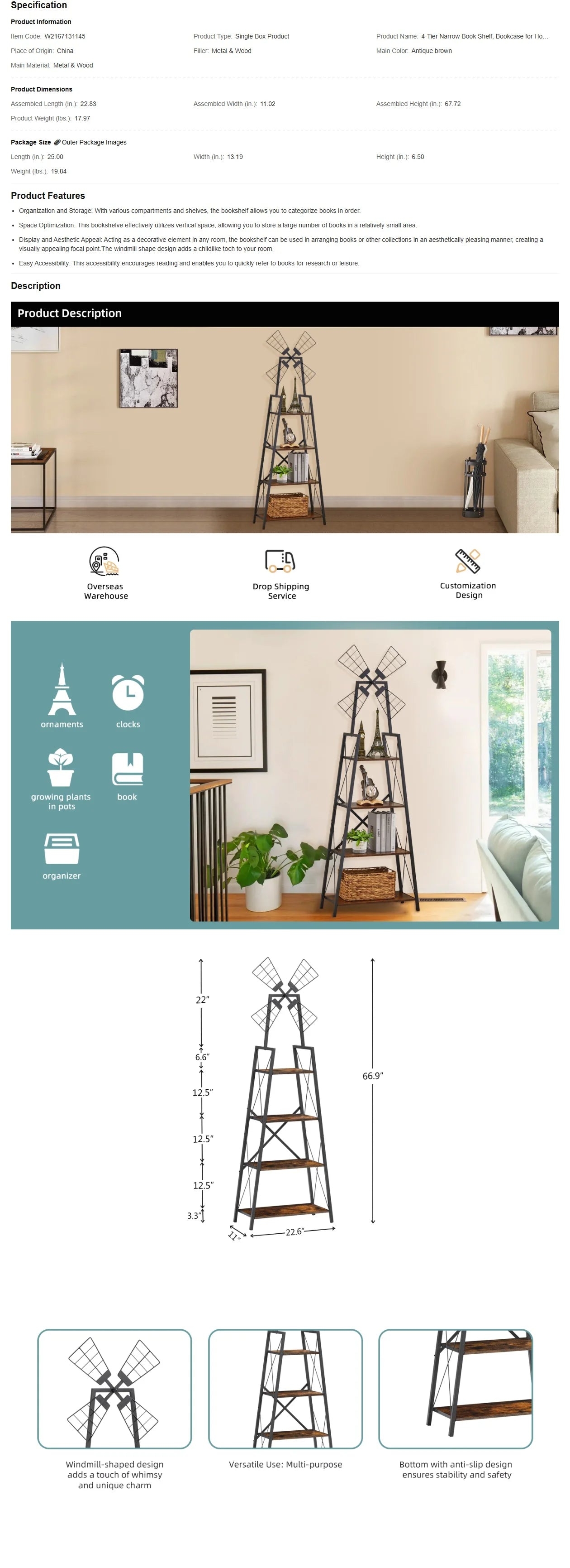 4-Tier Slim Bookshelf, Bookcase