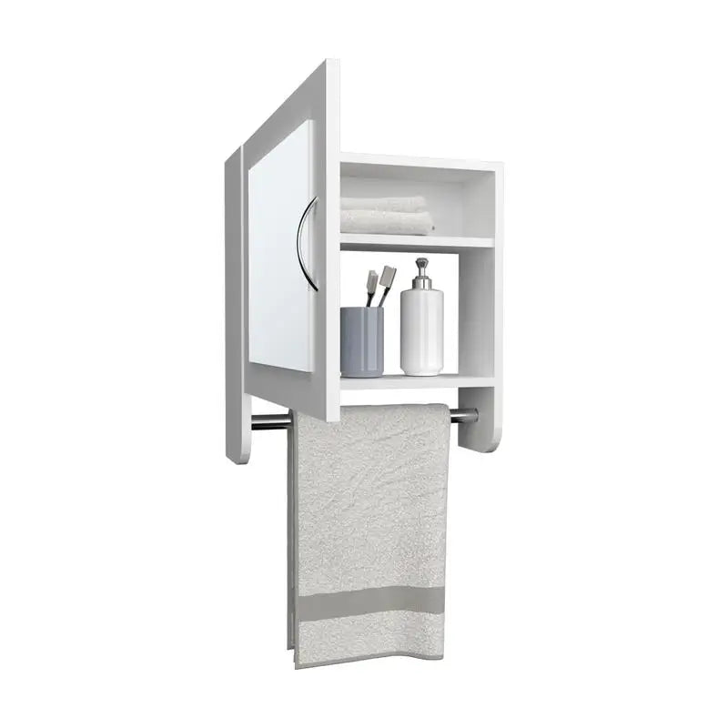 White Medicine Cabinet with Towel Rack, One Door and Two Shelves for Bathroom Storage
