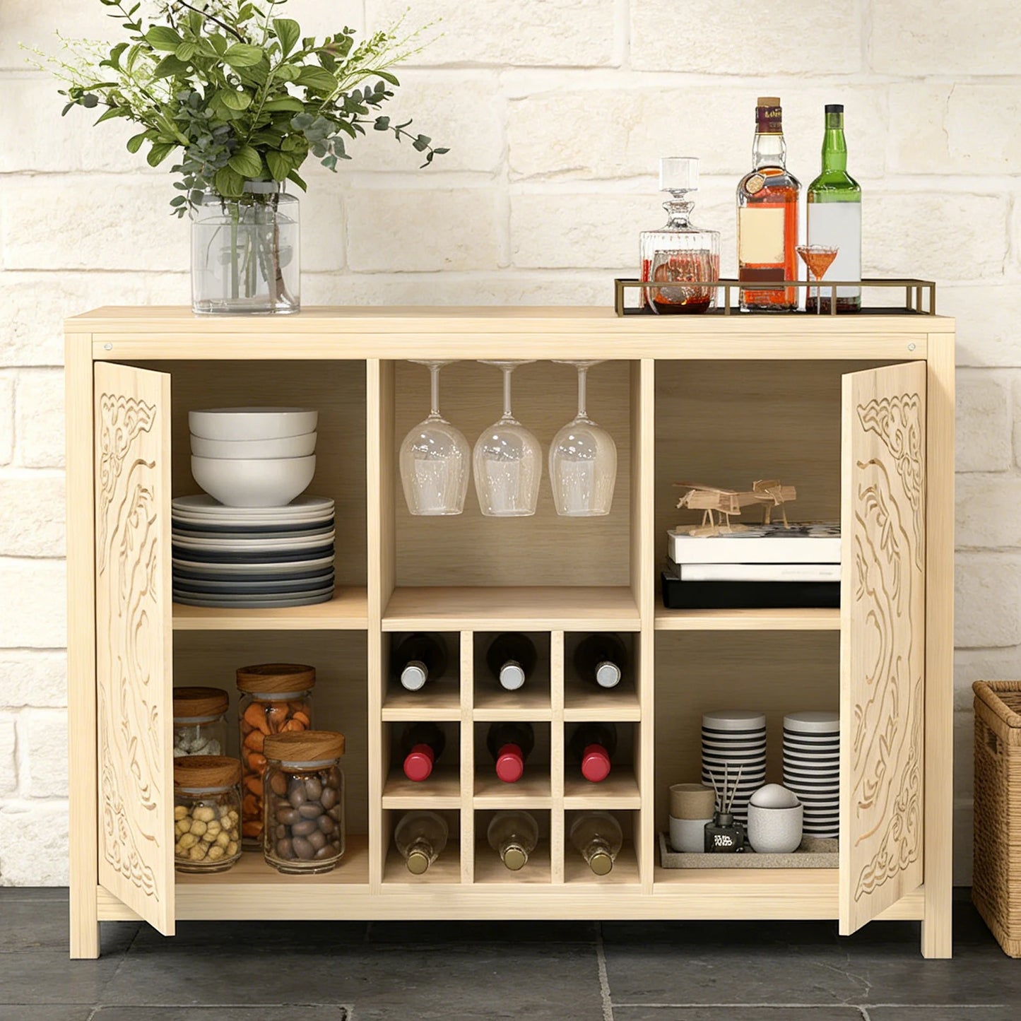 Wine Bar Cabinet with 2 Doors MDF Buffet Storage Liquor Cabinet with Wine Rack Glass Holder for Living Dining Room Kitchen